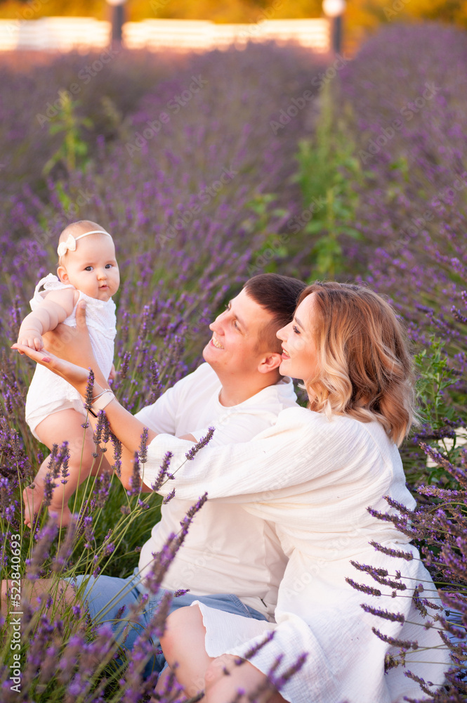 Beautiful portrait of a young family with baby in lavender field. Family love and value concept. Beautiful portrait of a young family with baby in lavender field. Family love and value concept.