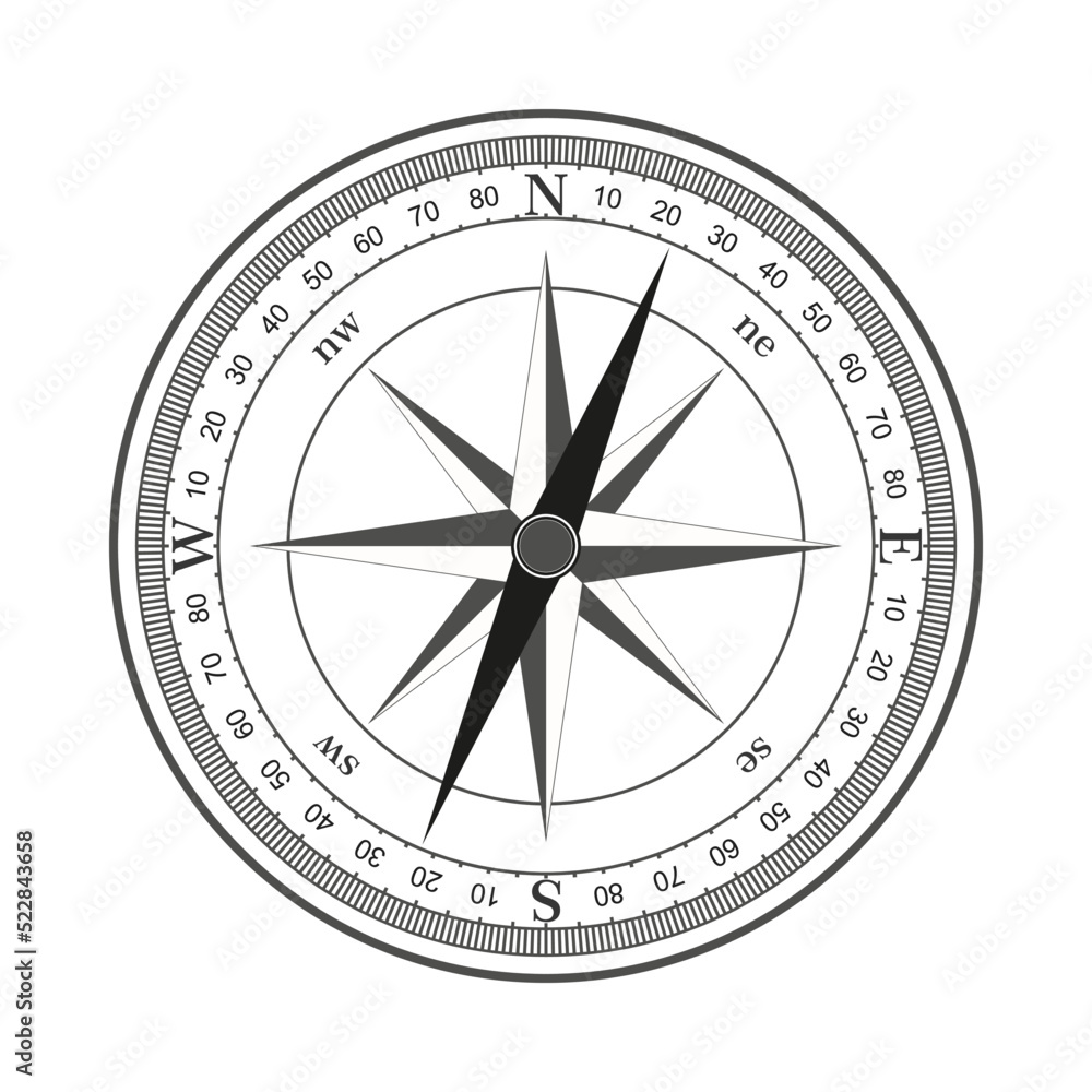 Compass face with wind rose and dial. Navigation direction indicator vector.