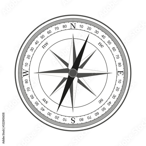 Compass face with wind rose and dial. Navigation direction indicator vector.