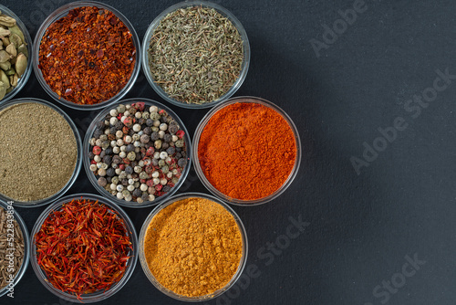 Assortment of aromatic spices, seeds and dry herbs for cooking food