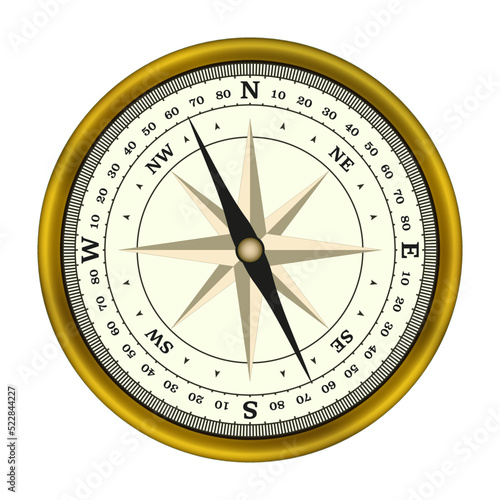Magnetic compass realistic design. Wind rose, direction indicator vector.