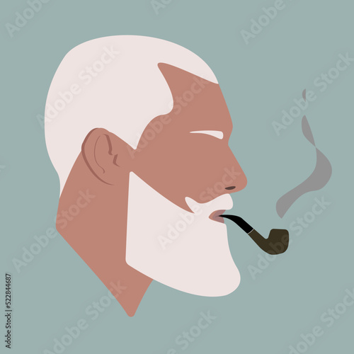 Portrait. Silhouette. Adult stylish man. Man smokes a pipe. Gray-haired man with a beard.