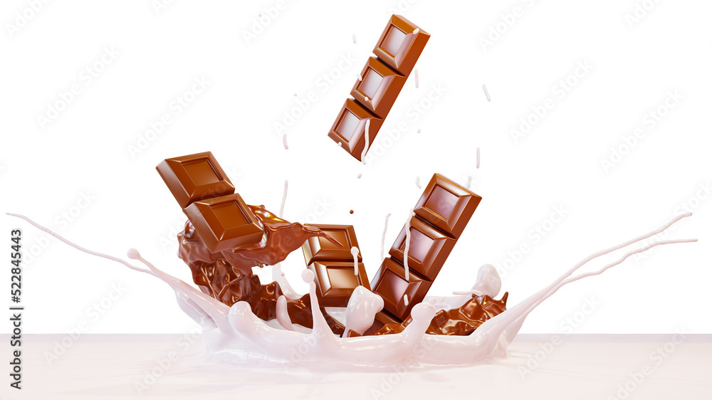 Pieces of chocolate bars in splashes of milk and hot chocolate, isolated on a white background. Realistic splash of milk chocolate, 3d render. Pieces of chocolate bars in splashes of milk and hot chocolate, isolated on a white background. Realistic splash of milk chocolate, 3d render.