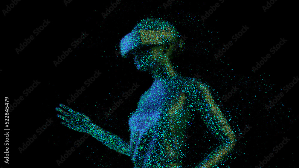 Fototapeta premium Metaverse concept. Woman with VR virtual reality goggles is working. 3D render.