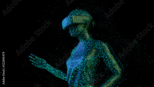 Metaverse concept. Woman with VR virtual reality goggles is working. 3D render.