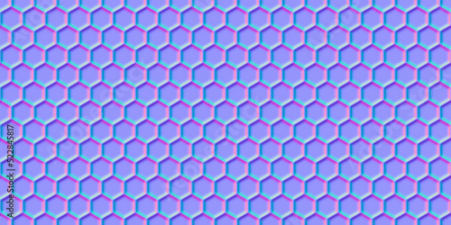 Normal map of honey comb or metal grille seamless pattern. Bump mapping of regular hive cell texture. Hexagon geometry material 3d shader illustration