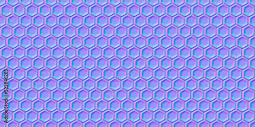 Normal map of honeycomb or metal grid seamless pattern. Bump mapping of regular hive cell texture. Hexagon geometry material 3d shader illustration