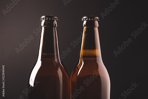 Two bottles of beer On table. Free space for text. Top view. © stenkovlad