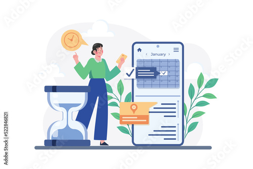 Girl checking her meeting schedule on a mobile app Illustration concept on white background