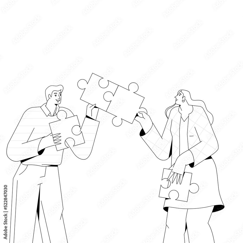 People connect puzzles. Vector illustration in outline. People connect puzzles. Vector illustration in outline.