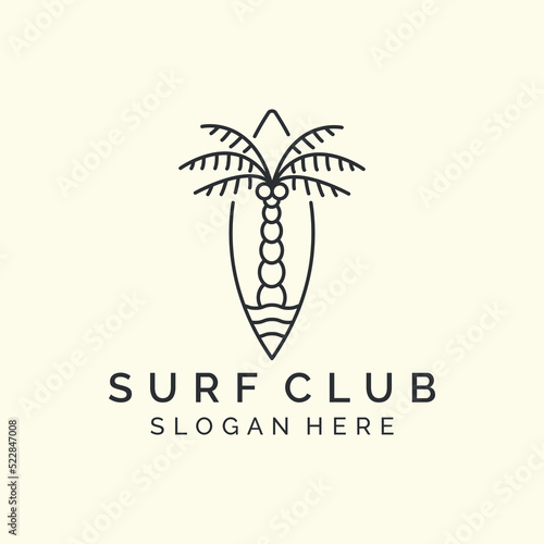 surf club with emblem and line art style logo icon template design. palm tree, wave, beach vector illustration