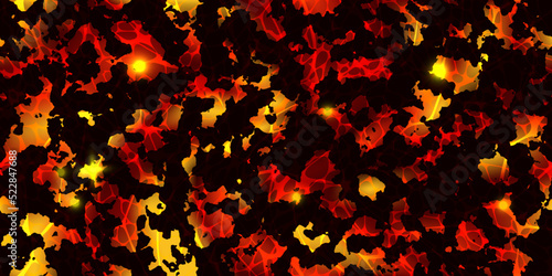 Seamless pattern of volcanic lava with cracked ground texture. Hot magma surface top view. Broken crust with liquid flame. Abstract vector background. Molten stones. Volcano eruption wallpaper