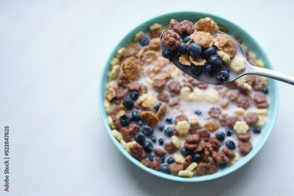 Healthy breakfast in bowls with muesli corn flakes, fresh blueberry milk. The concept of health and diet Healthy breakfast in bowls with muesli corn flakes, fresh blueberry milk. The concept of health and diet