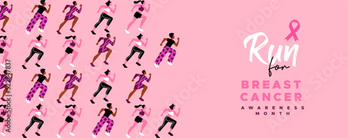 Breast Cancer Awareness month diverse woman running cartoon background