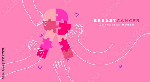 Breast Cancer Awareness month outline hand puzzle concept card