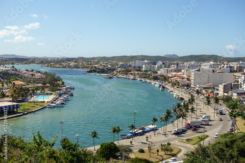 aerial panoramic view over Araruama lagoon in Cabo Frio, RJ, Brazil, on a sunny day