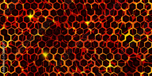 Seamless texture of volcanic lava with honeycomb stones pattern. Hot magma surface top view. Broken ground with liquid fire. Abstract vector background. Cracked earth. Volcano eruption wallpaper
