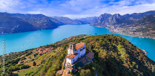 Italian lakes scenery. Amazing Iseo lake aerial view.  one of the most beautiful places - Shrine of Madonna della Ceriola in Monte Isola - scenic island photo
