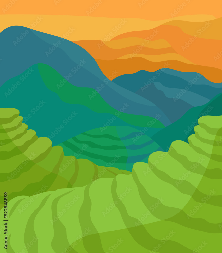  tea plantation, landscape of mountains, tea fields,  colorful mountains