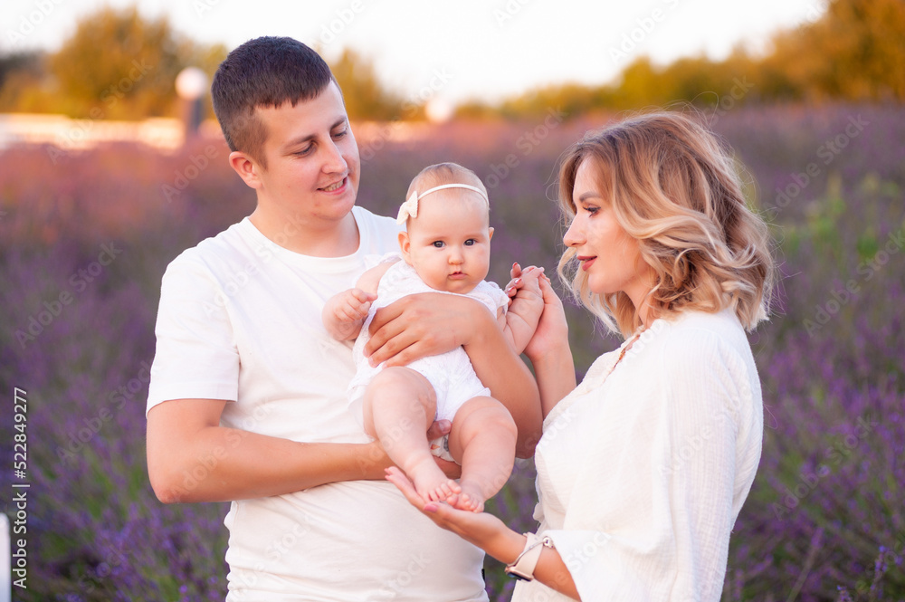 Fototapeta premium Beautiful young family on purple flower lavender field. Family vacation