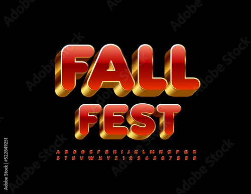 Vector creative banner Fall Fest. Red and Gold chic Font. Artistic Alphabet Letters and Numbers