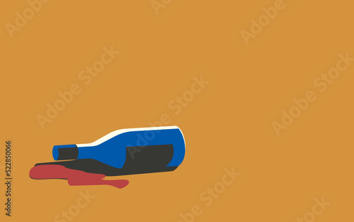 Vector illustration of a lying bottle with spilled wine on a yellow background in retro style.