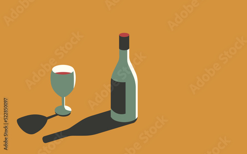 Vector illustration of a bottle of wine and a glass of wine on a yellow background in retro style.