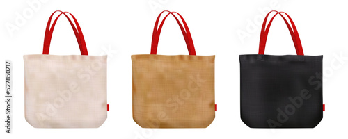 Brown blank mockup of tote bag with cotton texture isolated from background. Eco friendly shopper. Zero waste illustration. Vector advertising template. Fabric shopping sack. Totebag with red handles