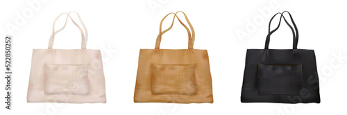 Brown blank mockup of canvas tote bag with cloth texture isolated from background. Eco friendly shopper. Zero waste illustration. Vector template. Fabric shopping sack. Totebag with handles and pocket