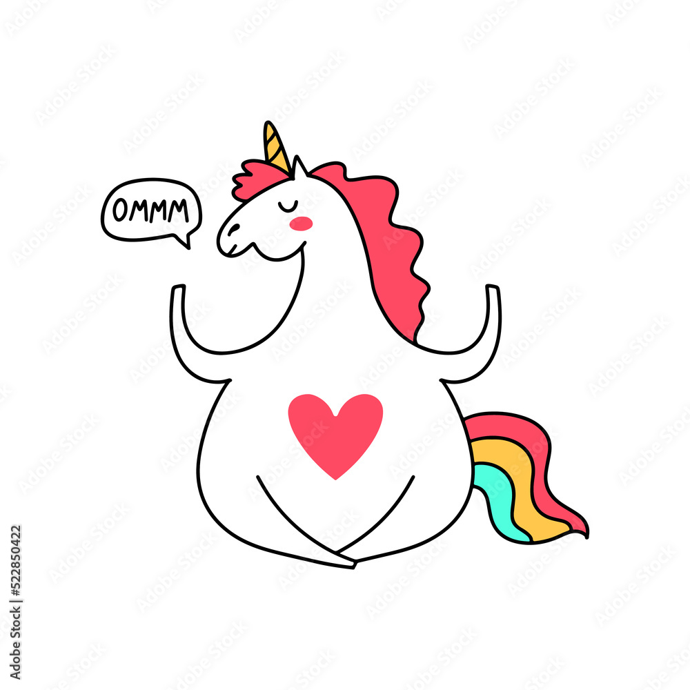 Hand drawn cute unicorn sitting and making meditation for decoration design. Childish cute drawing. Fantasy pastel color. Hand drawn cute unicorn sitting and making meditation for decoration design. Childish cute drawing. Fantasy pastel color.