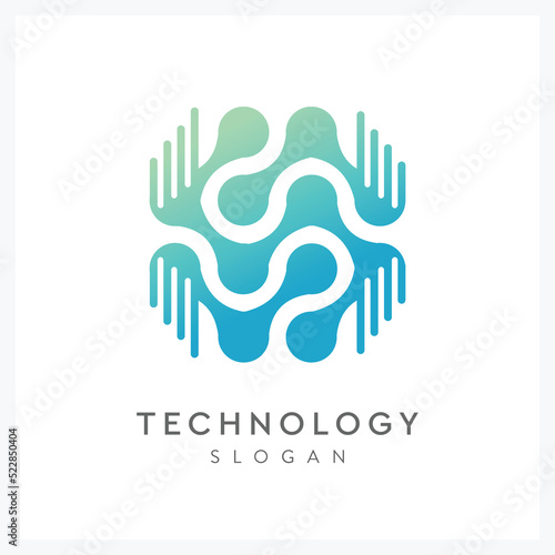 technology inspiration logo with molecular symbol