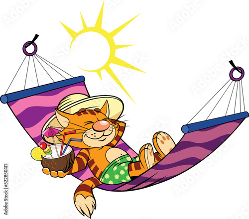 Cat with cocktail.
Color vector illustration of a cartoon red cat in a striped hammock with Coconut cocktail on the beach.