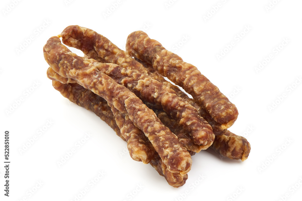 Dried pork sausages, isolated on white background. Dried pork sausages, isolated on white background.
