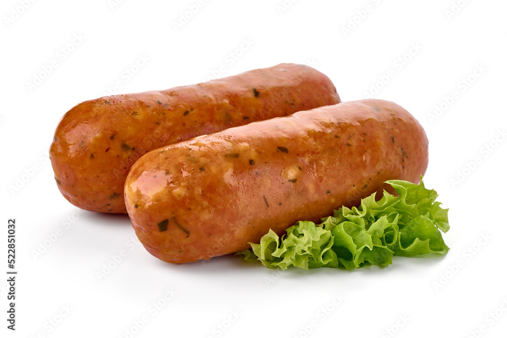 Smoked bratwurst sausages, isolated on white background. Smoked bratwurst sausages, isolated on white background.