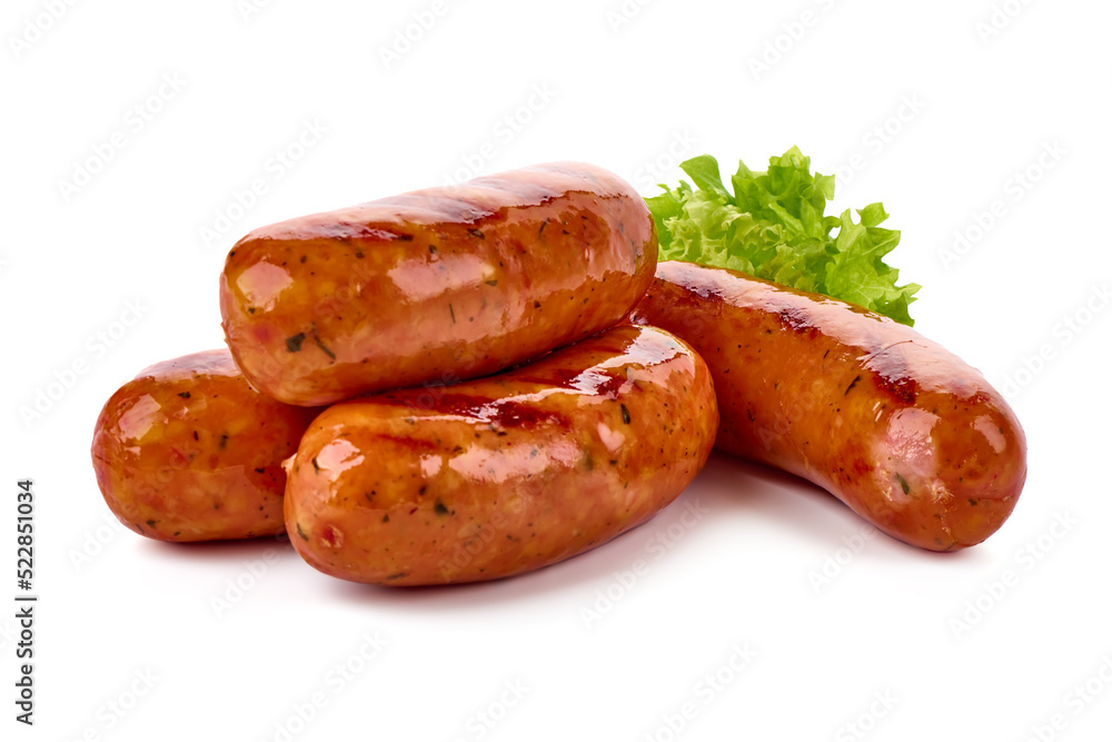 Pork bratwurst sausages, isolated on white background.
