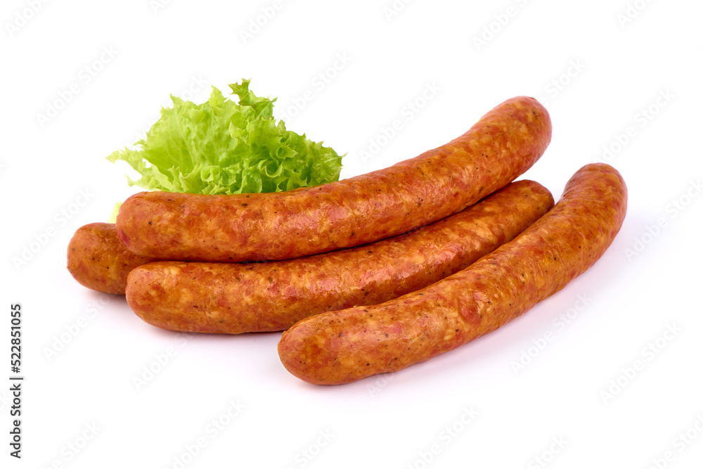 Dried pork sausages, isolated on white background.