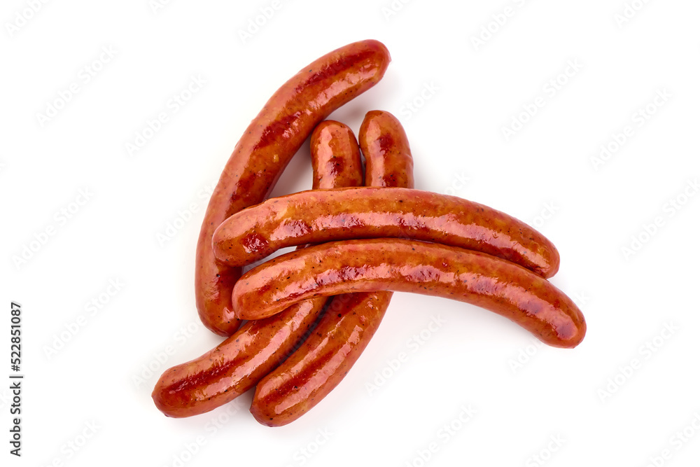 Roasted sausages, barbecued sausages, isolated on white background. Roasted sausages, barbecued sausages, isolated on white background.