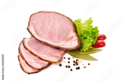 Cold smoked meat with slices, isolated on white background.