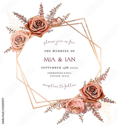 Caramel brown rose, orange burnt astilbe, beige fern autumn vector design frame