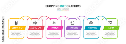 Concept of shopping process with 6 successive steps. Six colorful graphic elements. Timeline design for brochure, presentation, web site. Infographic design layout.