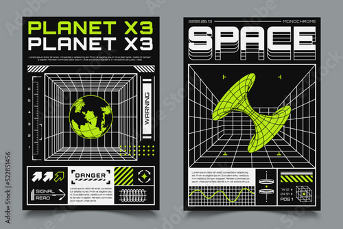 Two posters with HUD elements, perspective grid, futuristic design elements, chart, black hole and model of planet