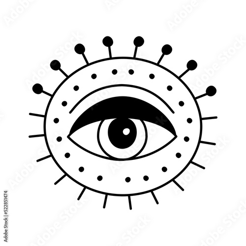 Evil doodle eye. Hand drawn witchcraft eye talisman, magical religion sacred symbol in a trending minimal linear style. For t-shirt prints, boho posters, cards, covers, logo designs and tattoos.