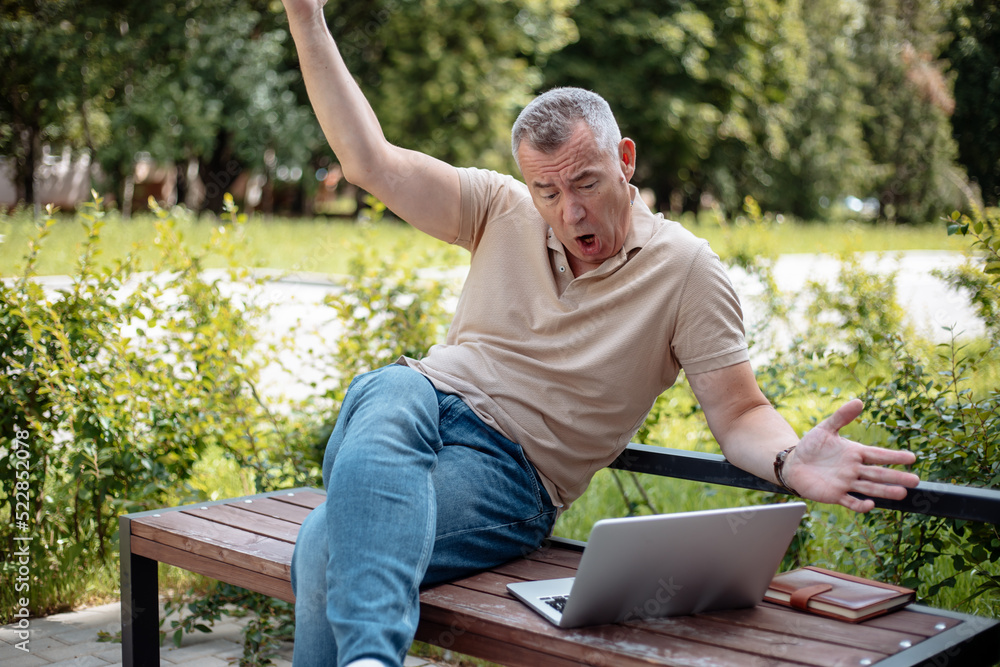 Obraz premium Senior funny and rejoicing gray haired businessman sitting on bench with spreading arms on green city park near open laptop. Modern lifestyle, work success, good news. Technology and people concept