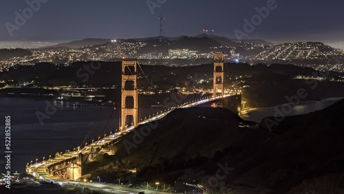 Full View Golden Gate Bridge Sutro Tower Haight Ashbury Night Cityscape Traffic Timelapse photo