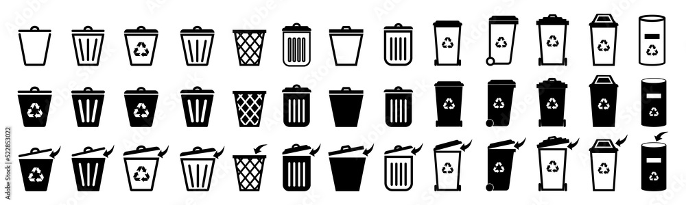 Trash can vector icon set.Recycle bin.Recycle bin.Vector trash can symbol.Garbage tank.Wastebasket.Bin icons set.Dustbin icon.Delete. Trash can vector icon set.Recycle bin.Recycle bin.Vector trash can symbol.Garbage tank.Wastebasket.Bin icons set.Dustbin icon.Delete.