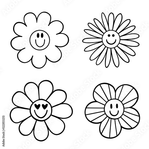 Illustration set of flowers in retro style. Daisies with smiling faces. Different types of petals. Black outline on white background. Isolated objects. Cute style. Universal use.