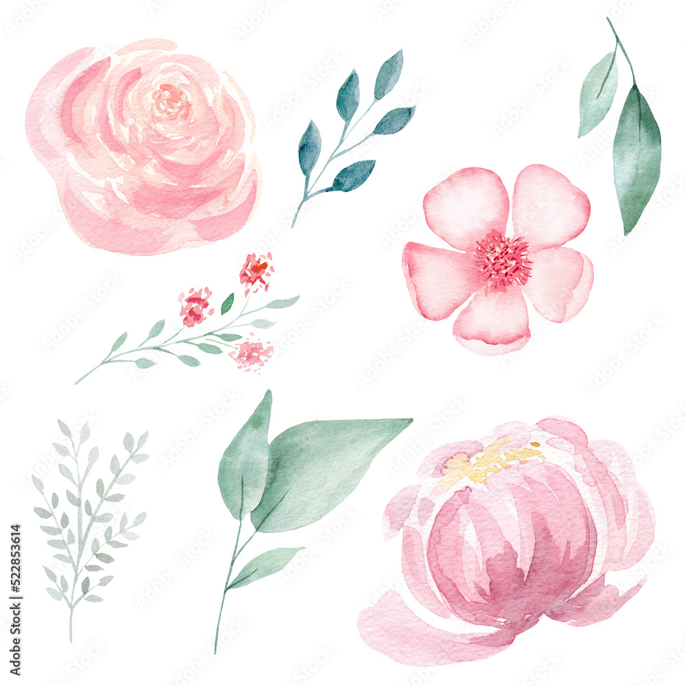 Set of hand painted pink watercolor flowers and greenery leaves.