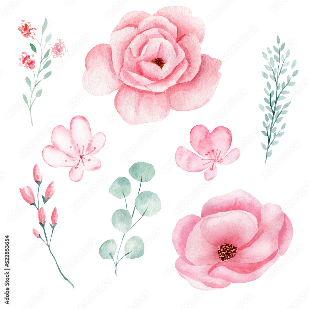 Set of hand painted pink watercolor flowers and greenery leaves.
