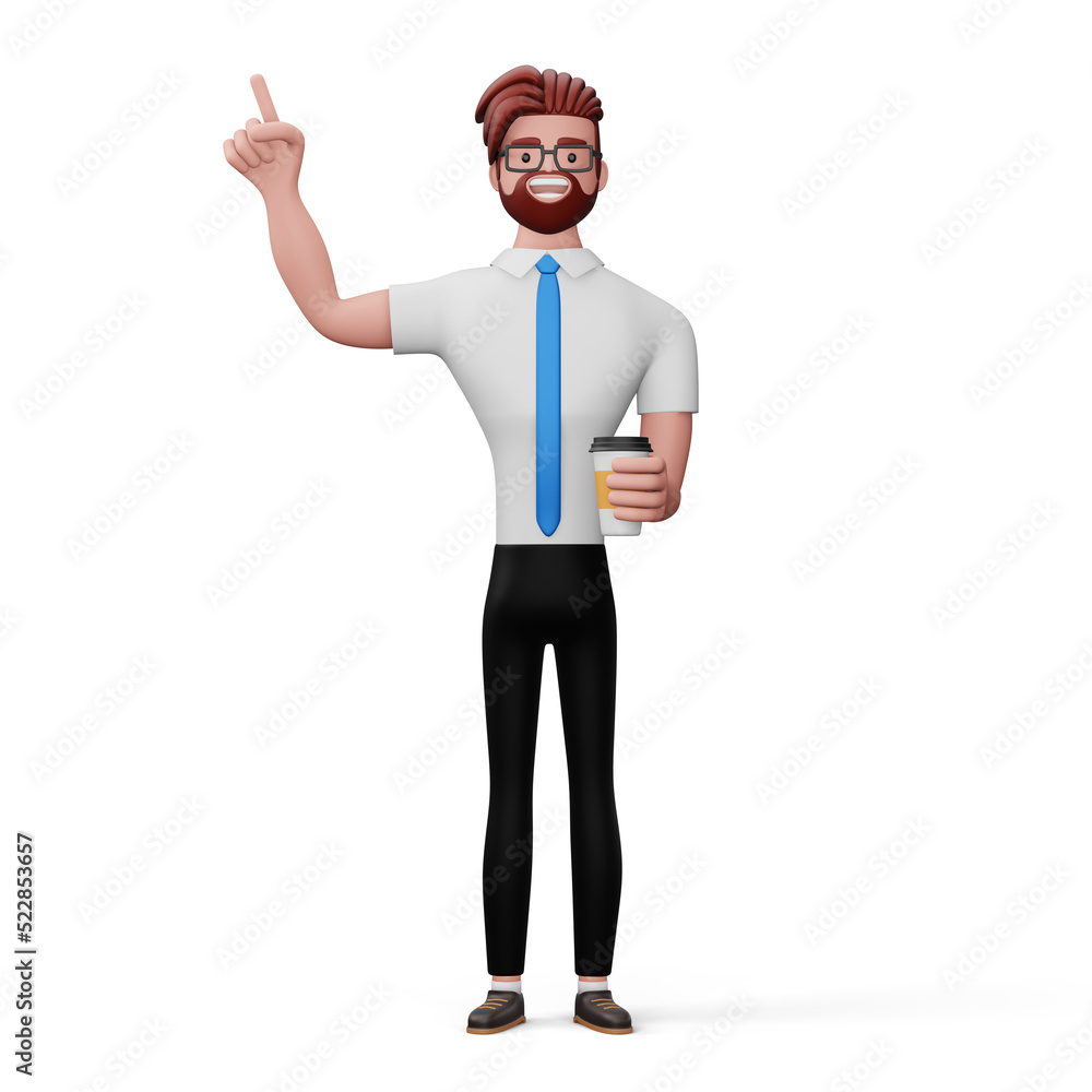 Happy business man point the finger with coffee mug Happy business man point the finger with coffee mug