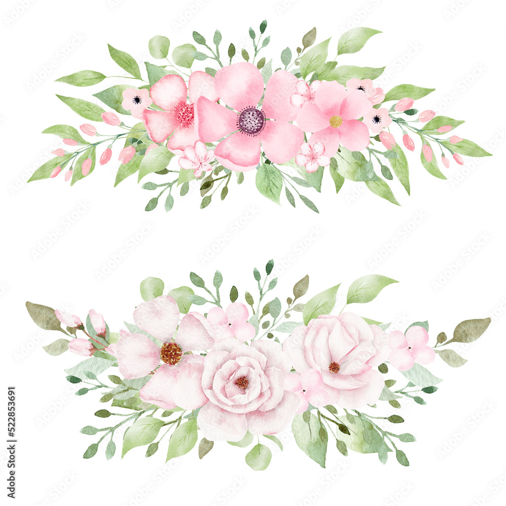 Watercolor bouquet of pink flowers and leaves